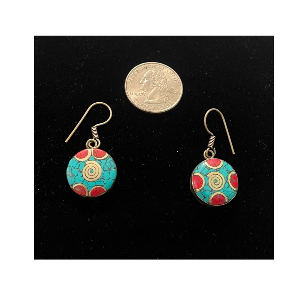 Turquoise and Red Coral Inlay Dangle Earrings